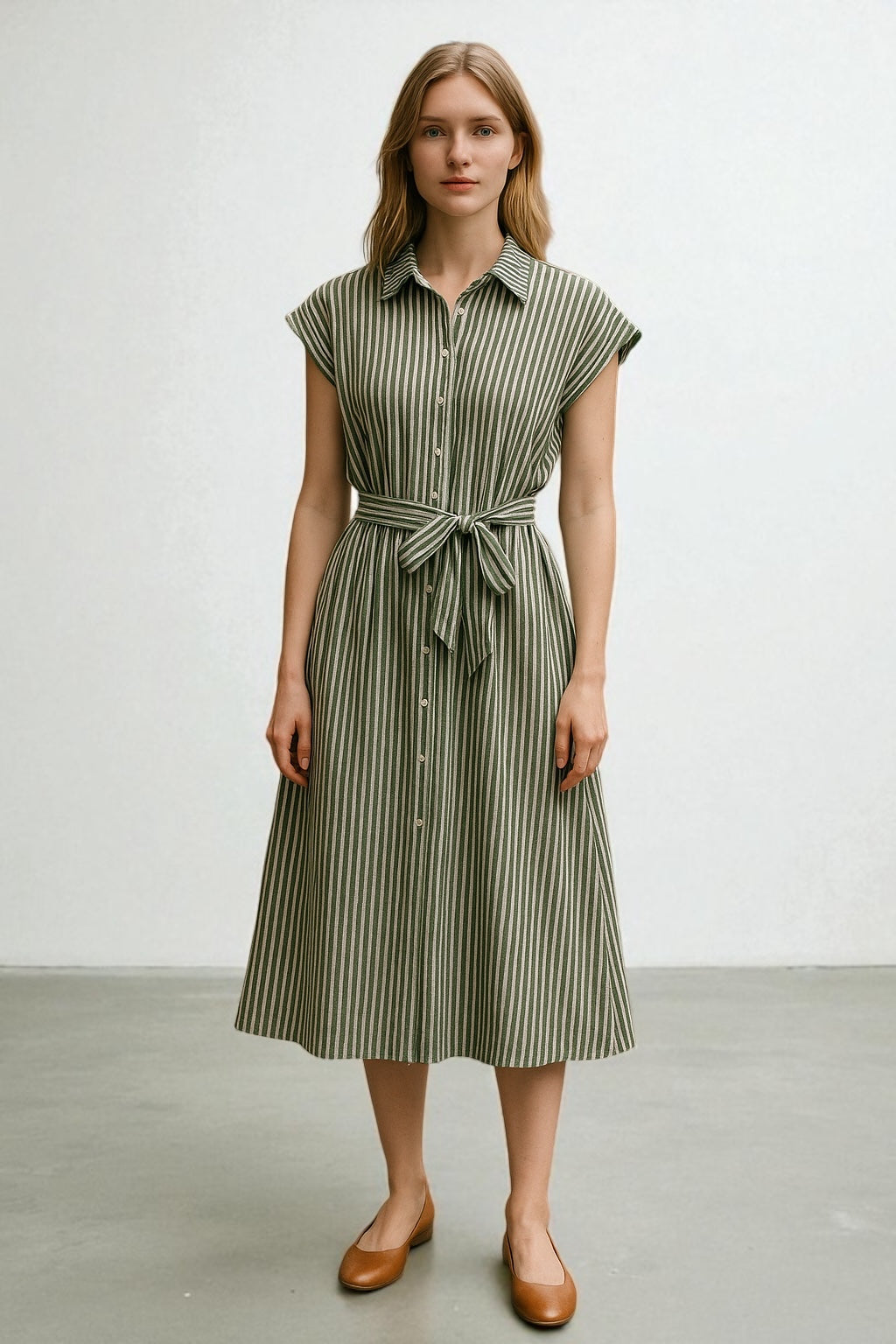 THML Button Up Striped Dress (WCT3061-VE) GREEN THML Button Up Striped Dress (WCT3061-VE) GREEN