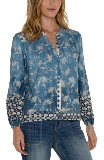 L/S Button Front Shirred Top