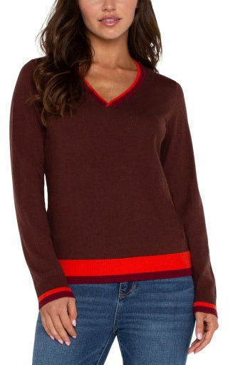 long slv v neck colorblock sweater