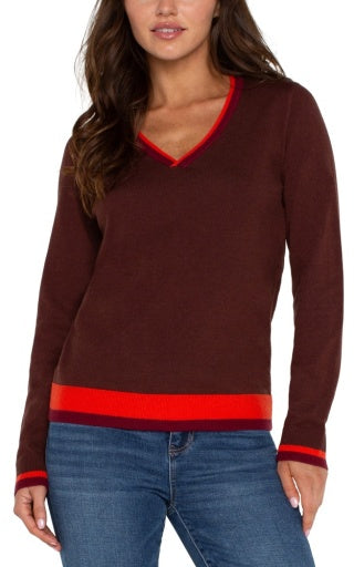 long slv v neck colorblock sweater