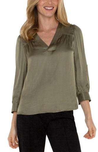 long sleeve pleated neck woven blouse