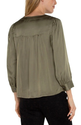 long sleeve pleated neck woven blouse