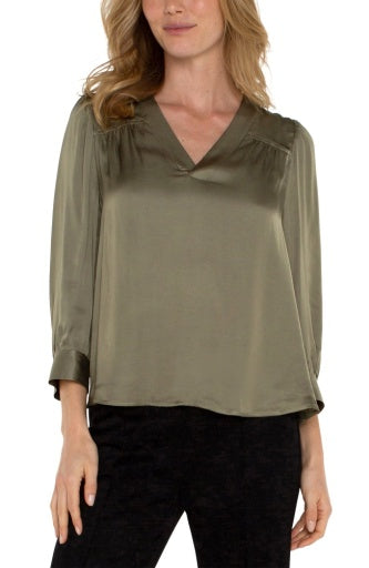 long sleeve pleated neck woven blouse