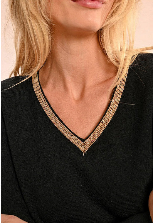 Molly Bracken Gold Trim Vneck Sweater (T1938CN)