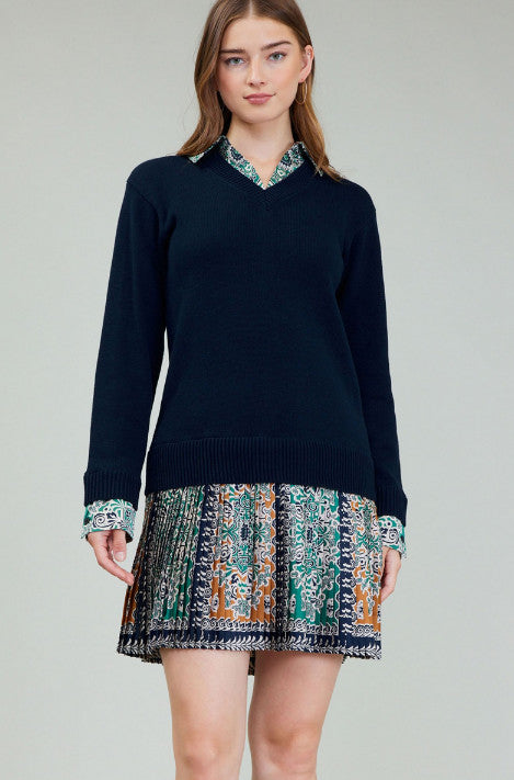 Current Air Sweater/Pleat Skirt Dress (2490158-1) NAVY MULTI