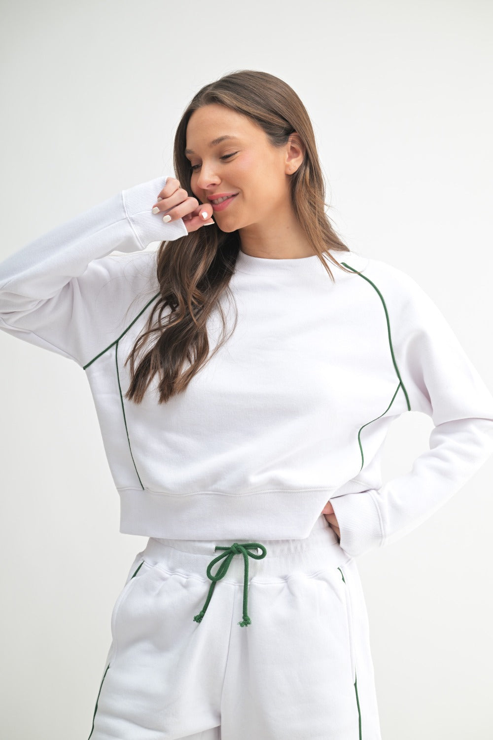 Piped Cotton Blend Crewneck (KT530) WHITE/GREEN