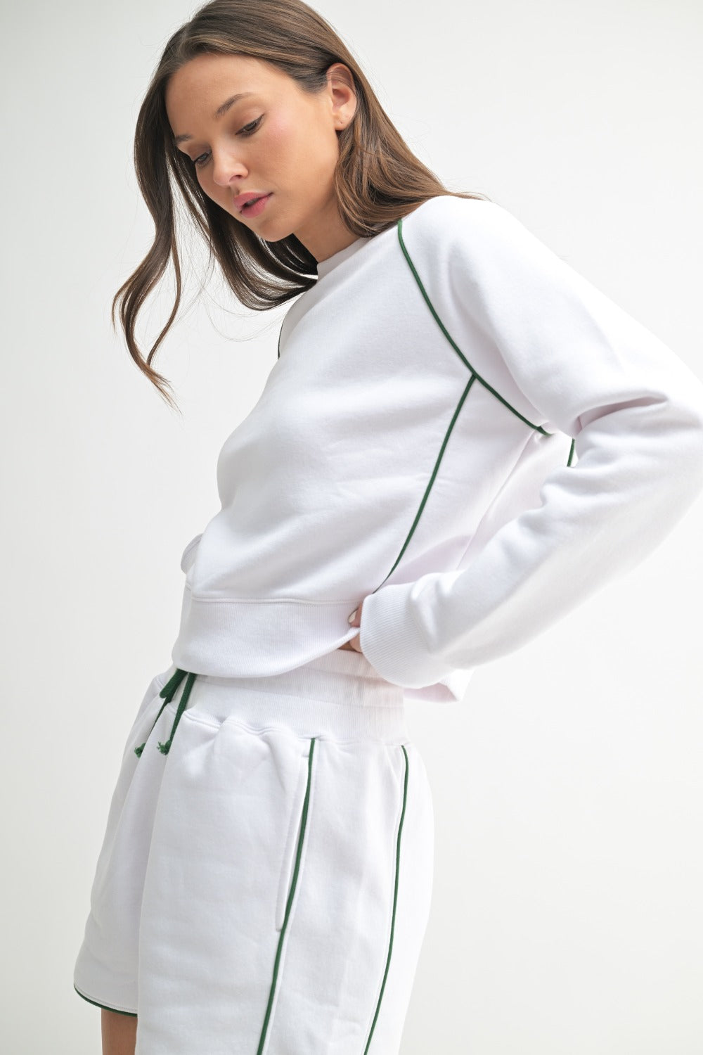 Piped Cotton Blend Crewneck (KT530) WHITE/GREEN