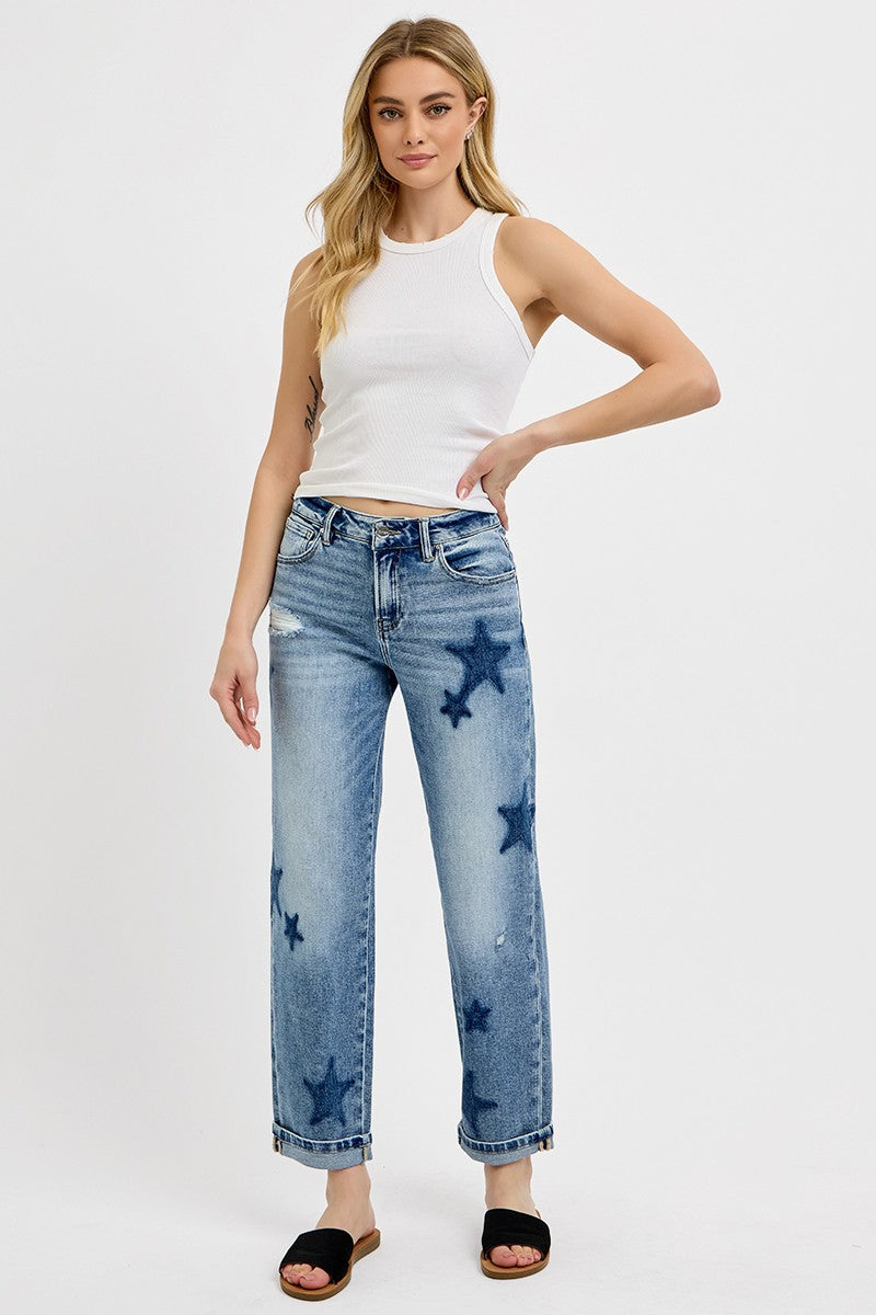 MID RISE BOYFRIEND STAR SHADOW CUFFED JEANS