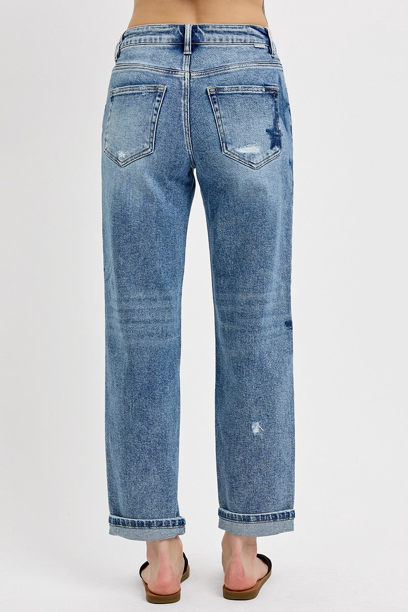 MID RISE BOYFRIEND STAR SHADOW CUFFED JEANS