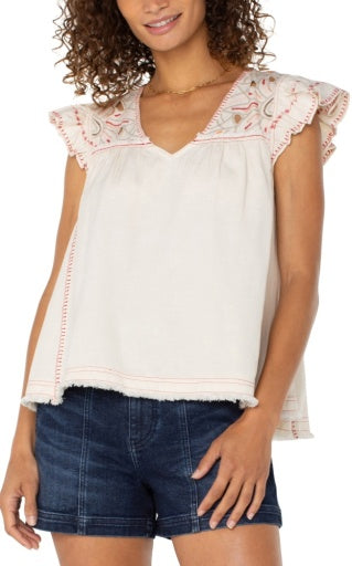 flutter sleeve v neck woven blouse w emb