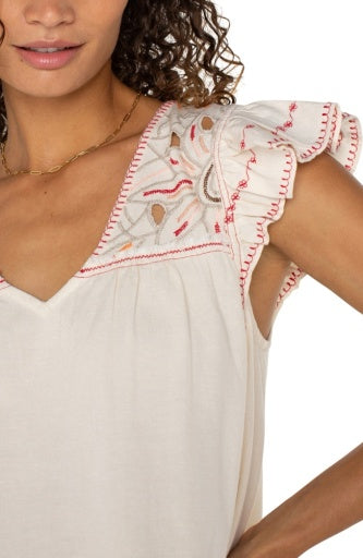 flutter sleeve v neck woven blouse w emb