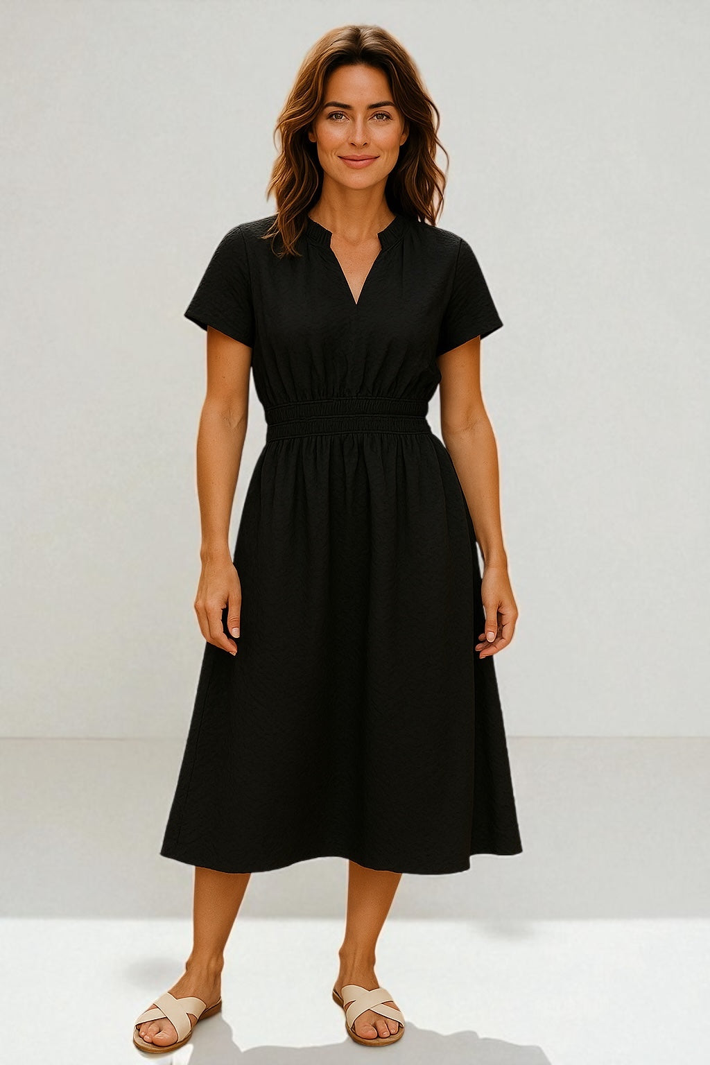 THML Split Neck Textured Dress (FTM3052) BLACK