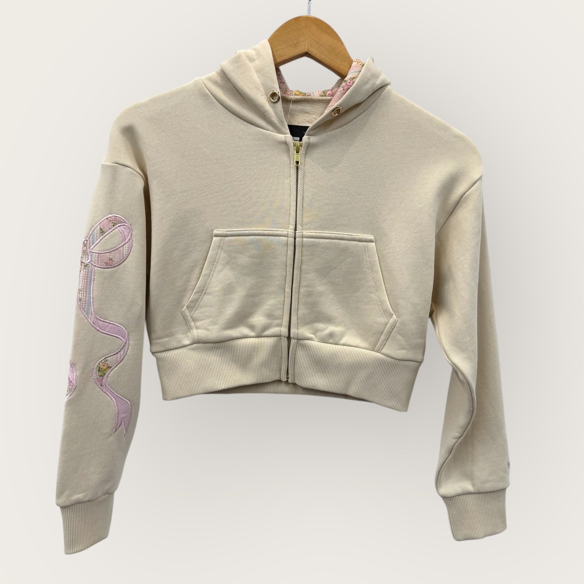 Katie J *GIRLS* Crop Zip Bow Applique Hoody TAUPE