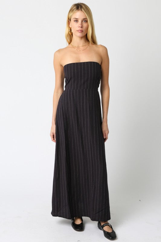 Olivaceous Raina Stripe Strapless Dress BLACK/WHITE