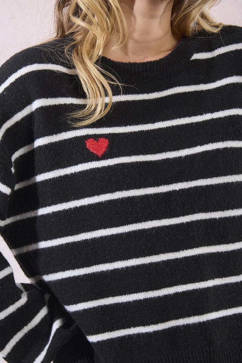 Stripe Sweater w Heart BLACK/WHITE
