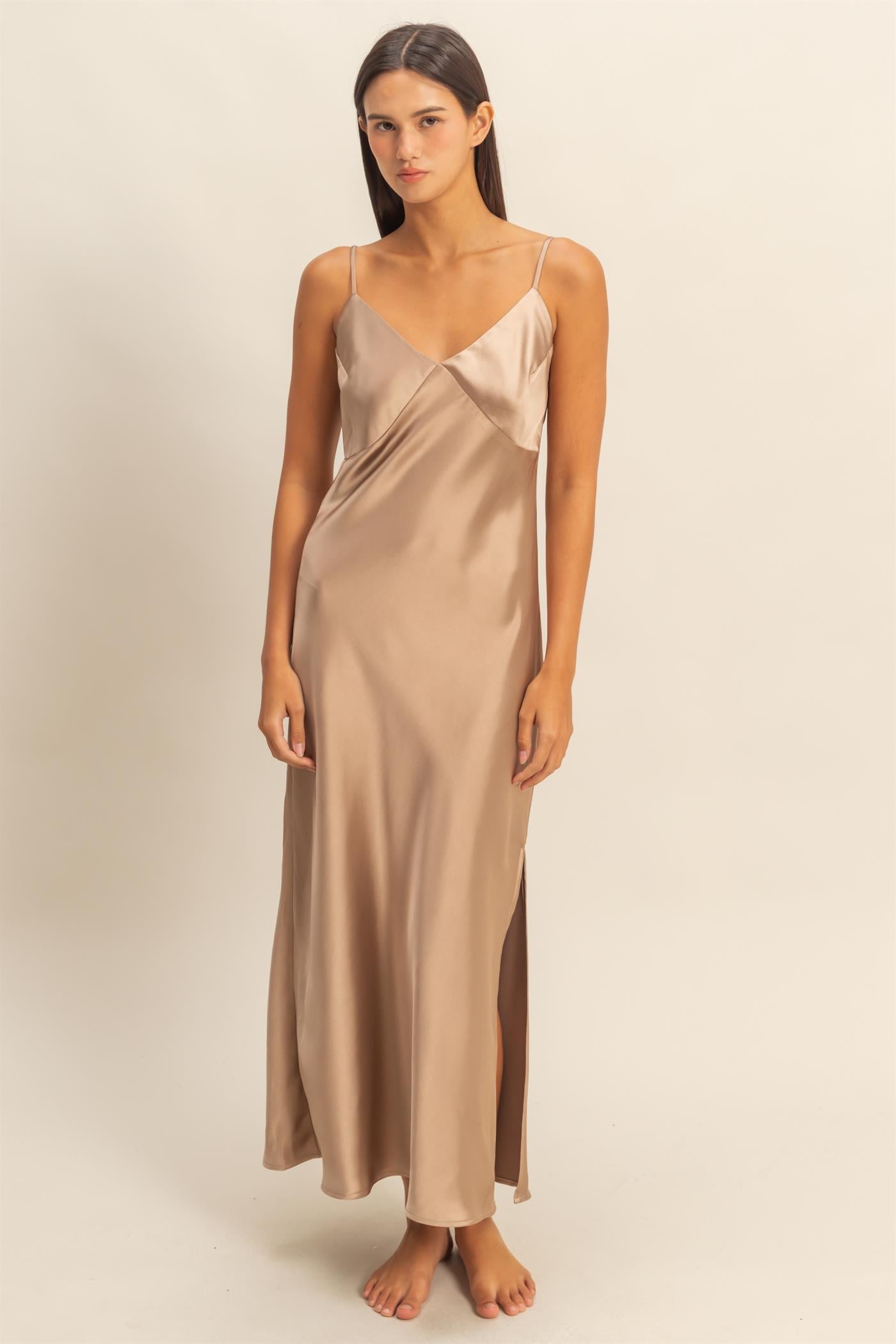 Satin Spaghetti Strap Dress DZ25E163 DARK TAUPE