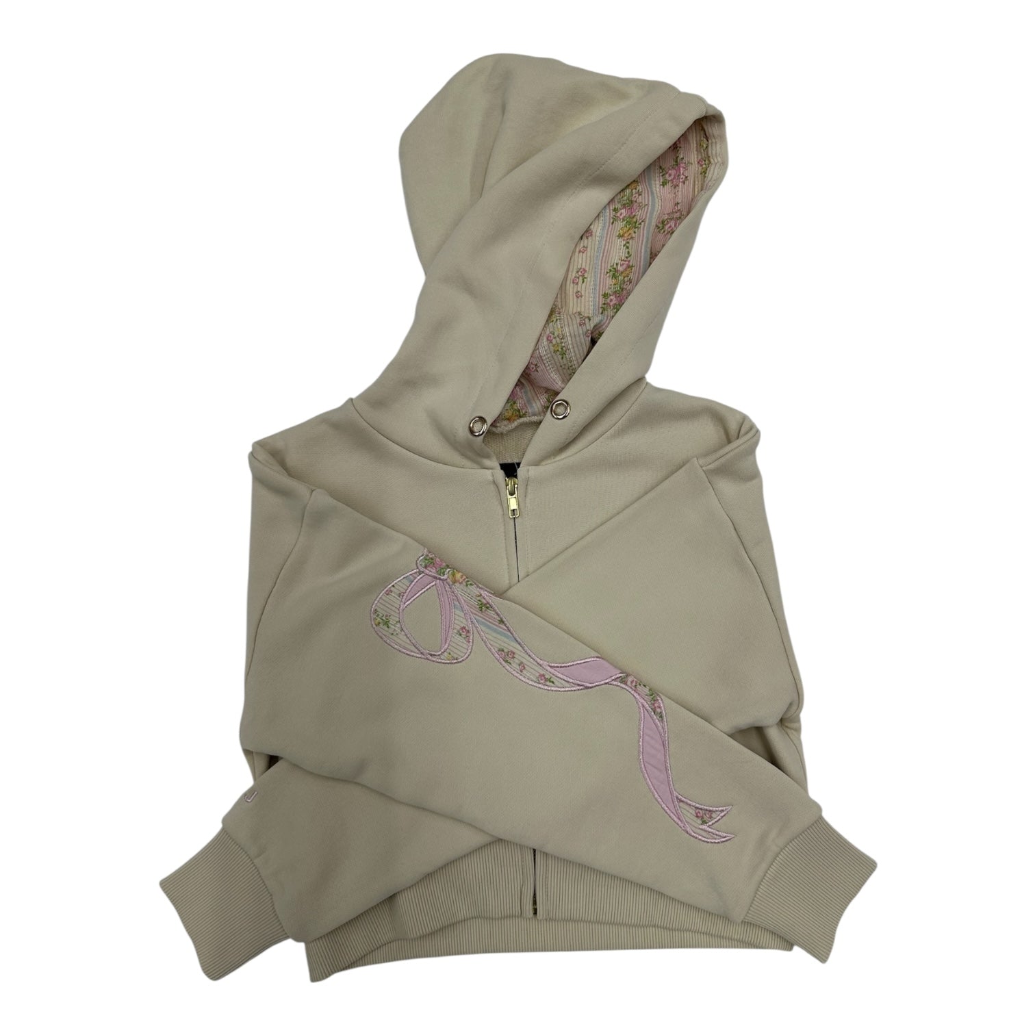 Katie J *GIRLS* Crop Zip Bow Applique Hoody TAUPE