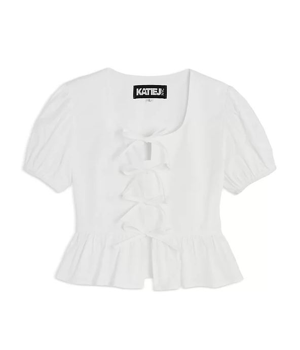 Katie J *GIRLS* Well Tie Front Peplum Top - WHITE