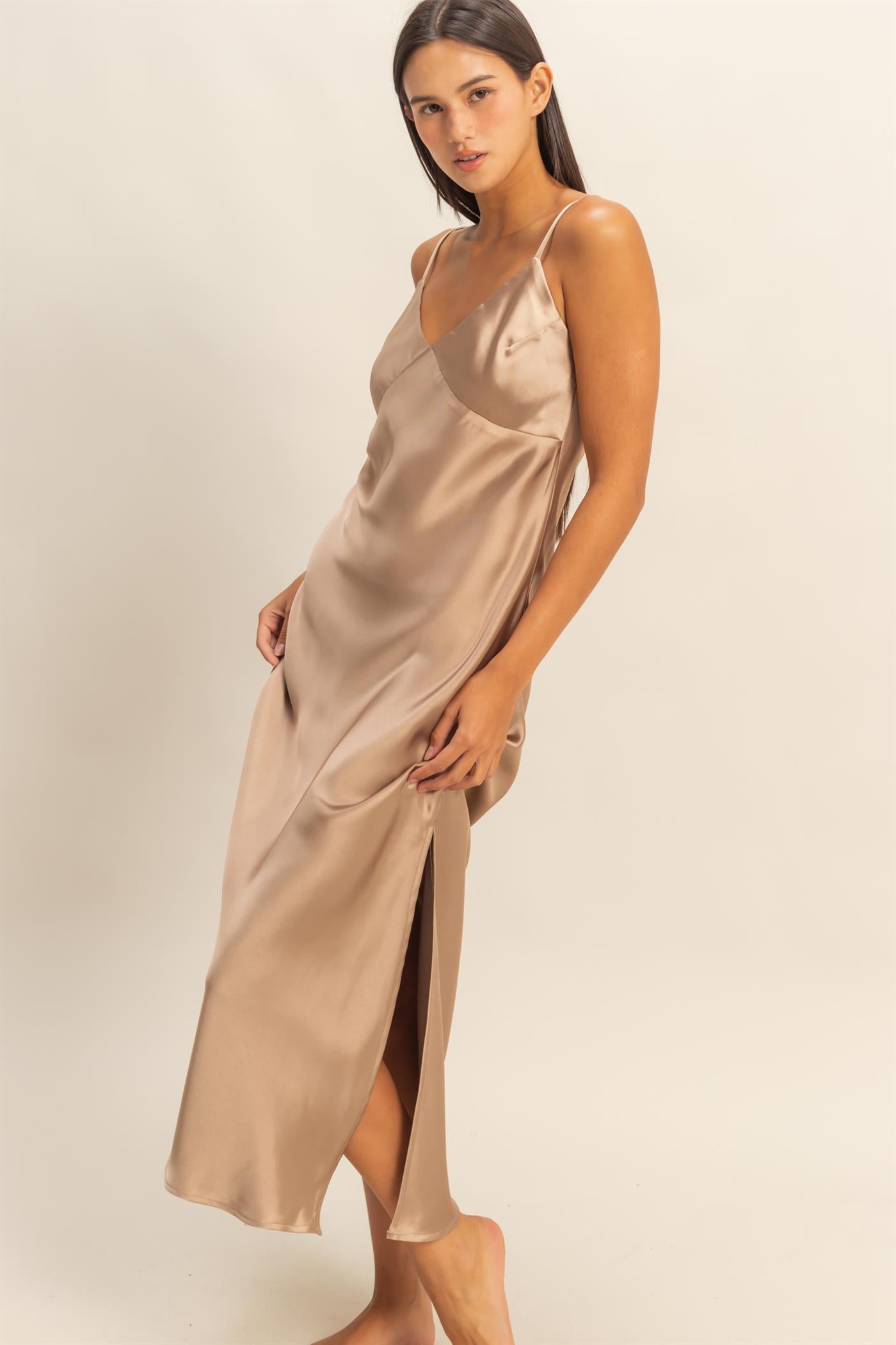 Satin Spaghetti Strap Dress DZ25E163 DARK TAUPE