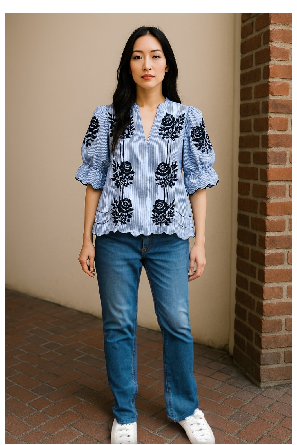 THML Flower Embr Stripe Top BLUE (WCT2972-1)