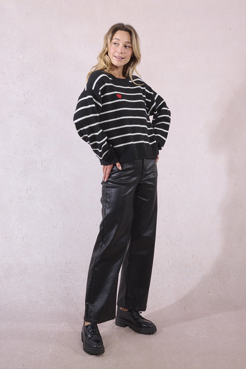 Stripe Sweater w Heart BLACK/WHITE