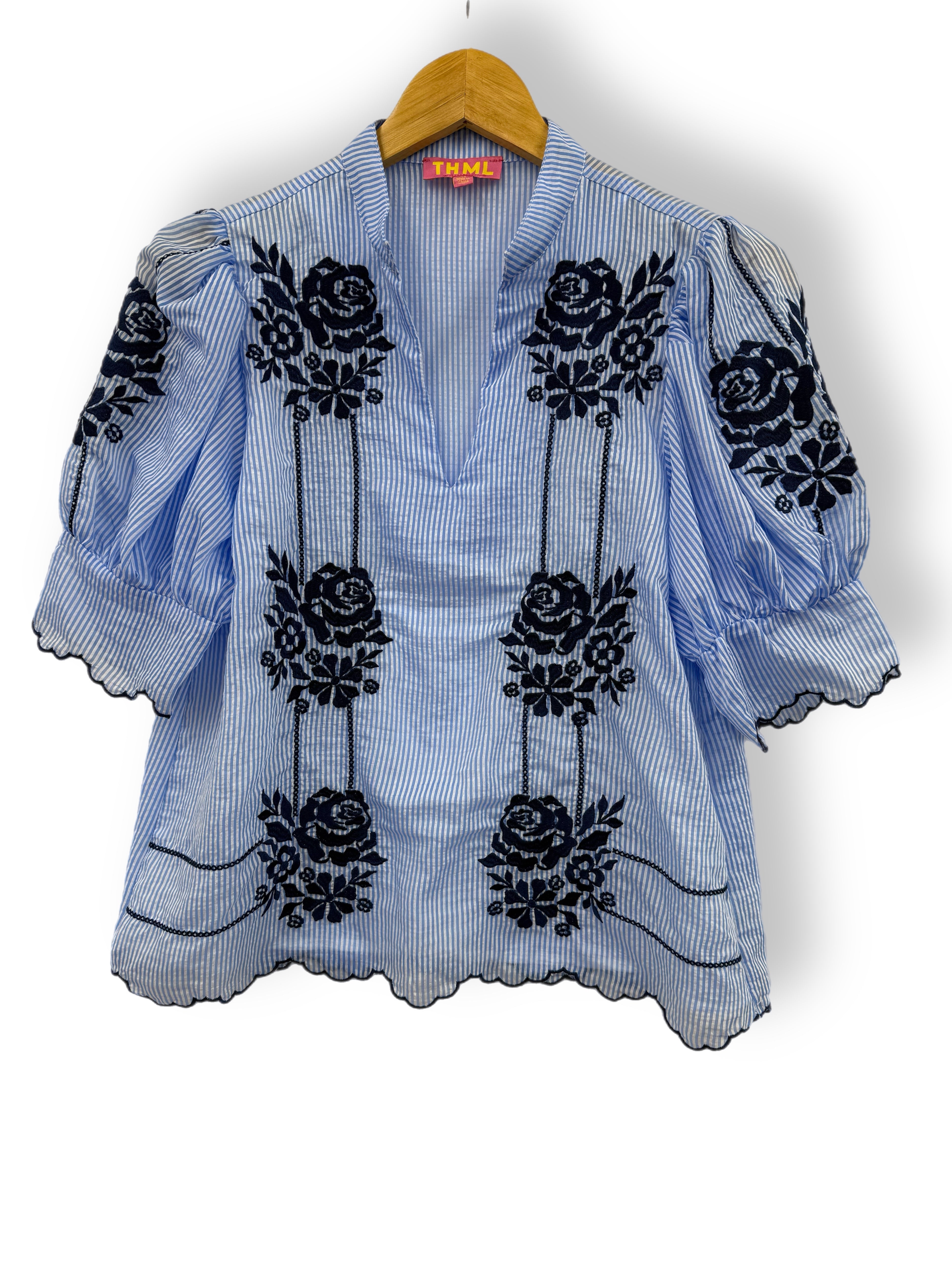 THML Flower Embr Stripe Top BLUE (WCT2972-1)
