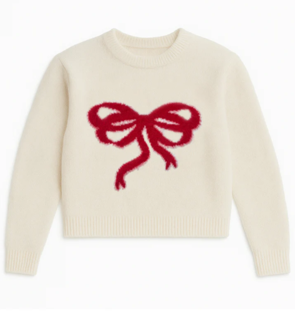 Katie J *GIRLS* Maggie Bow Sweater - IVORY/RED