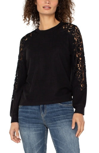 Long Sleeve Crew Neck Top - Lace Inset
