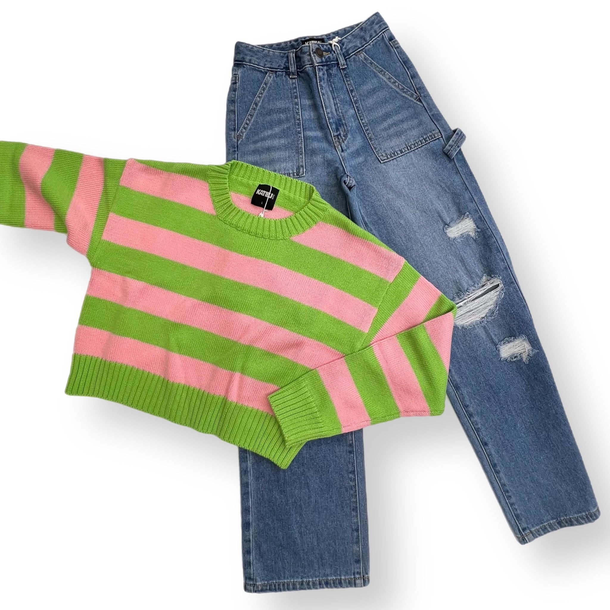 Katie J *JUNIOR* Megan Stripe Sweater PINK/GREEN