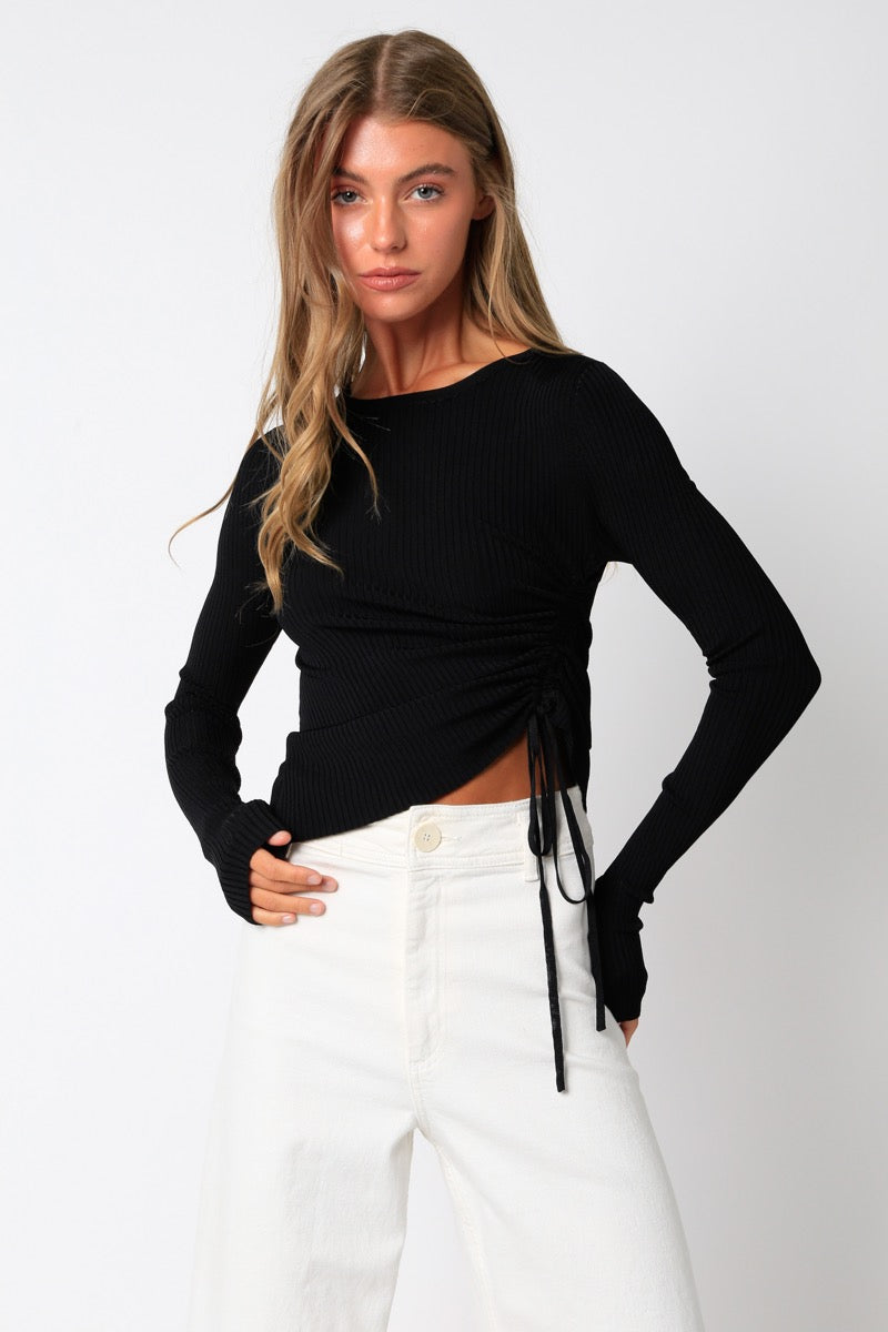 Olivaceous Black Single Side Ruched Top