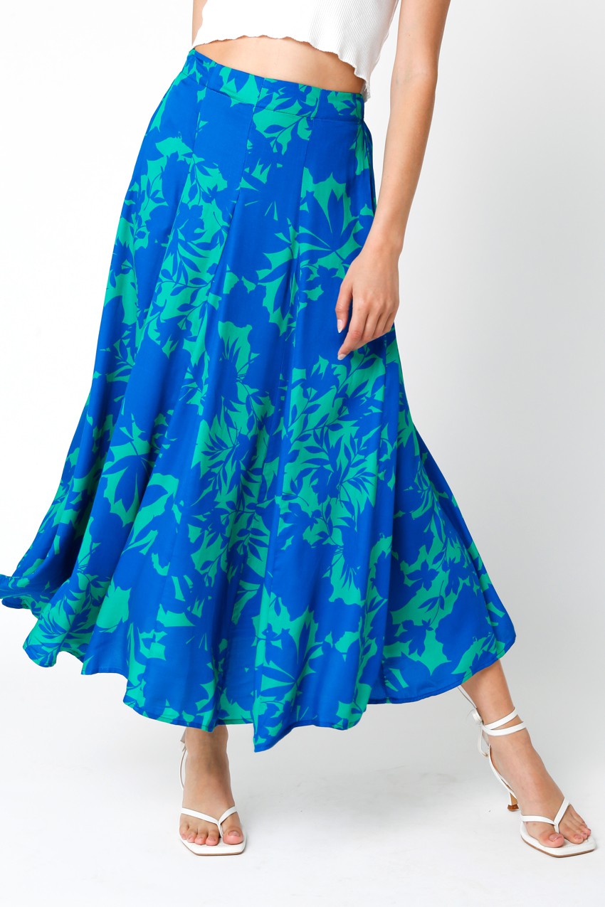 Olivaceous Green Blue Floral Long Skirt