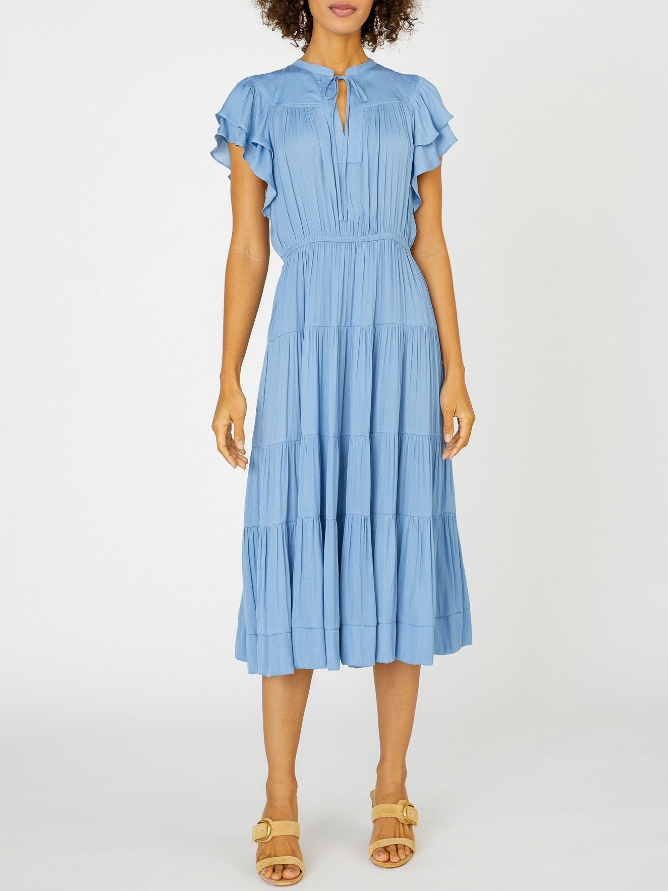 Current Air Flutter Sleeve Tiered Midi Dress DUSTY BLUE