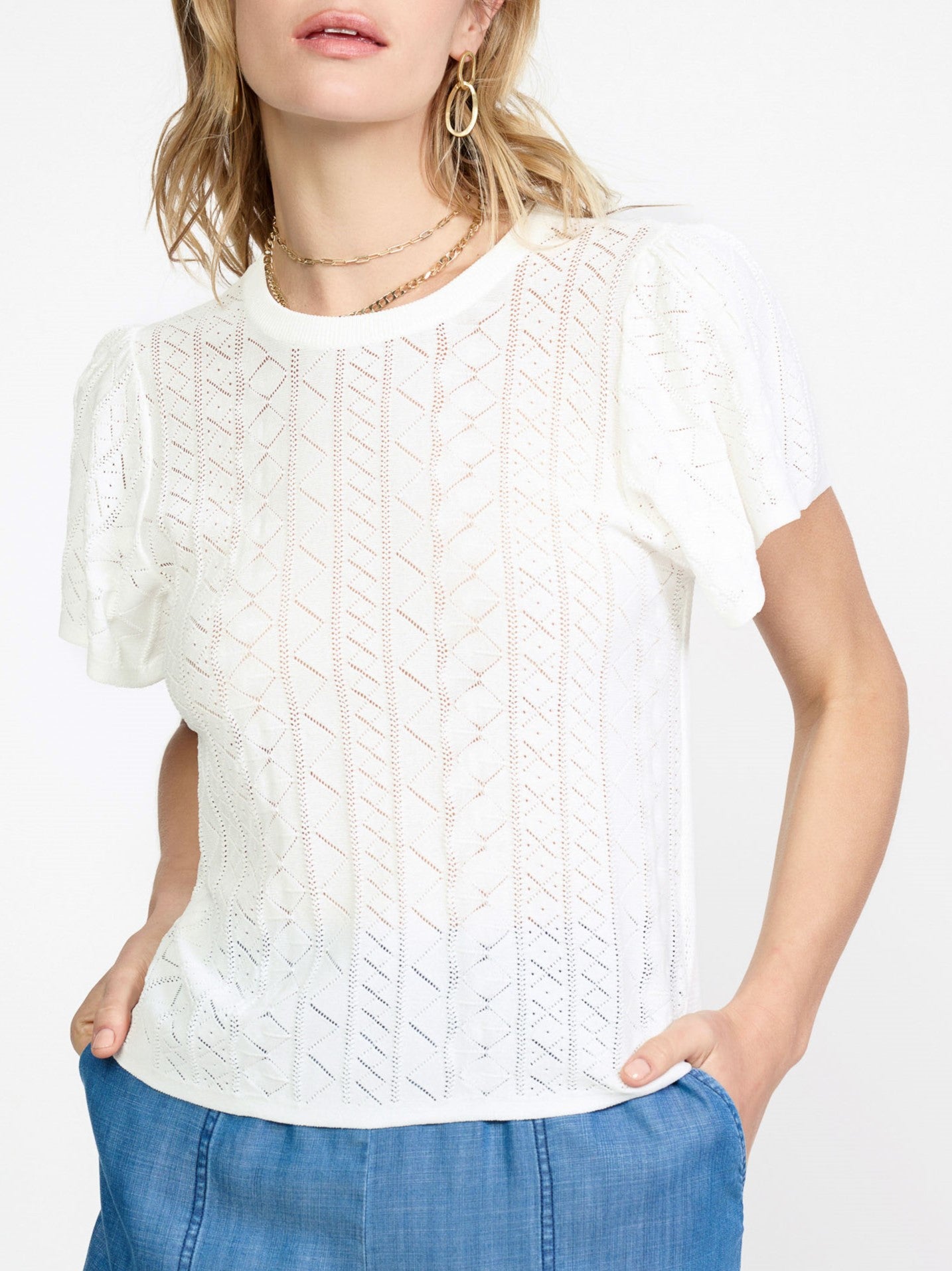 Current Air Flutter Sleeve Pointelle Sweater WHITE
