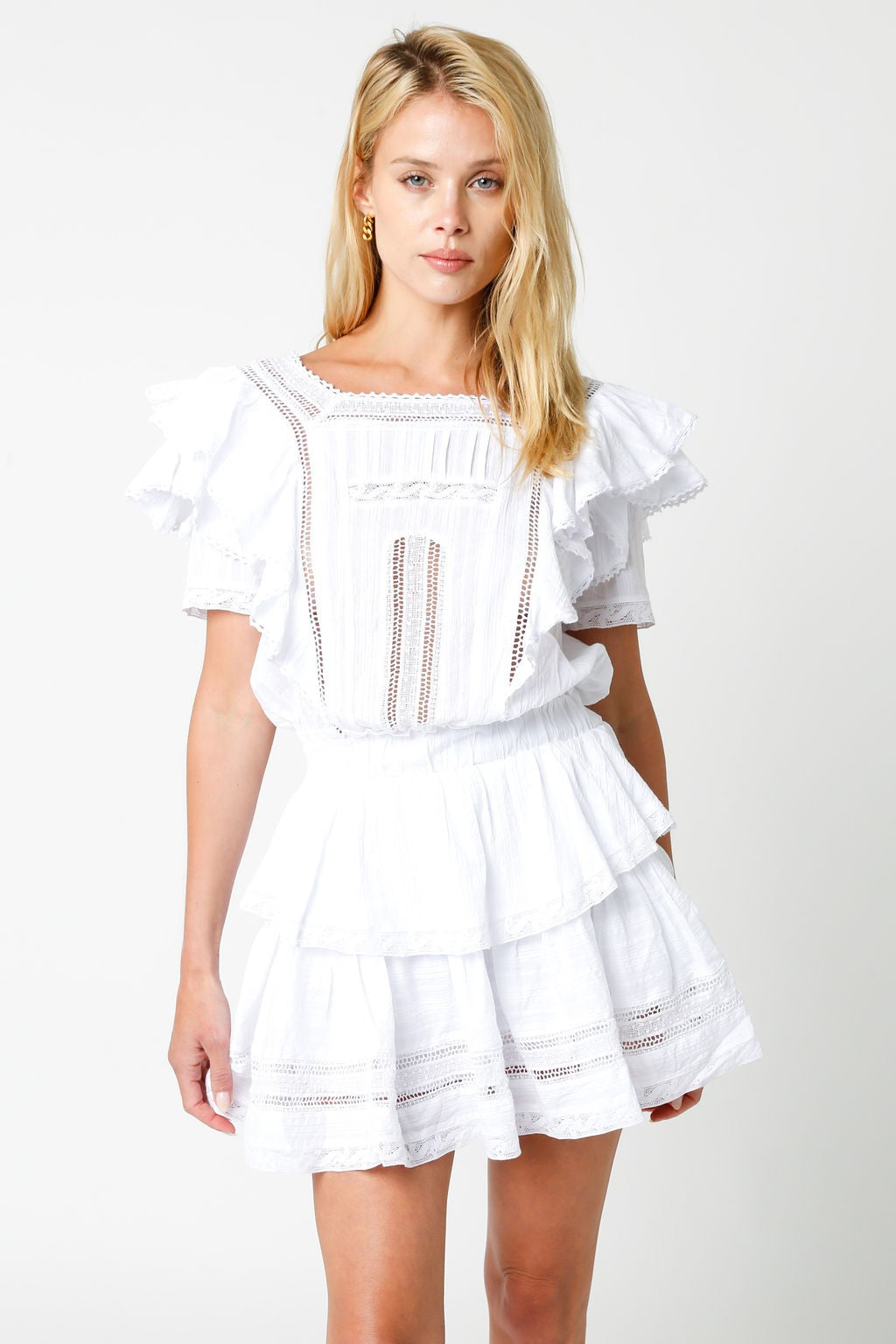 Olivaceous Lace Detail Ruffle Dress WHITE